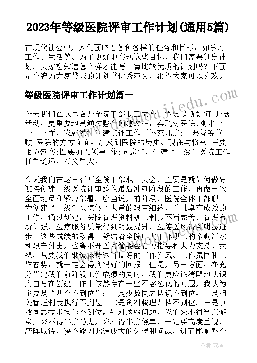 2023年等级医院评审工作计划(通用5篇)