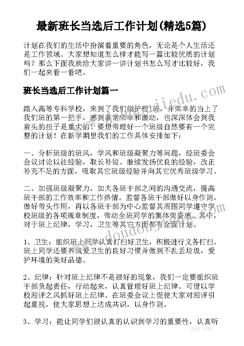 最新班长当选后工作计划(精选5篇)