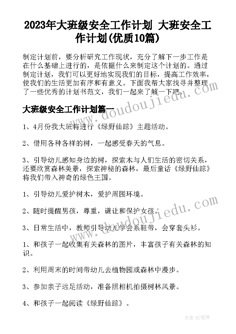 2023年大班级安全工作计划 大班安全工作计划(优质10篇)