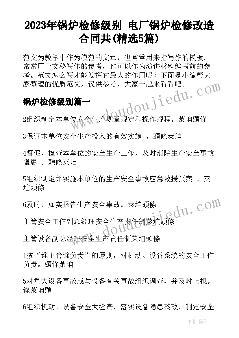 2023年锅炉检修级别 电厂锅炉检修改造合同共(精选5篇)