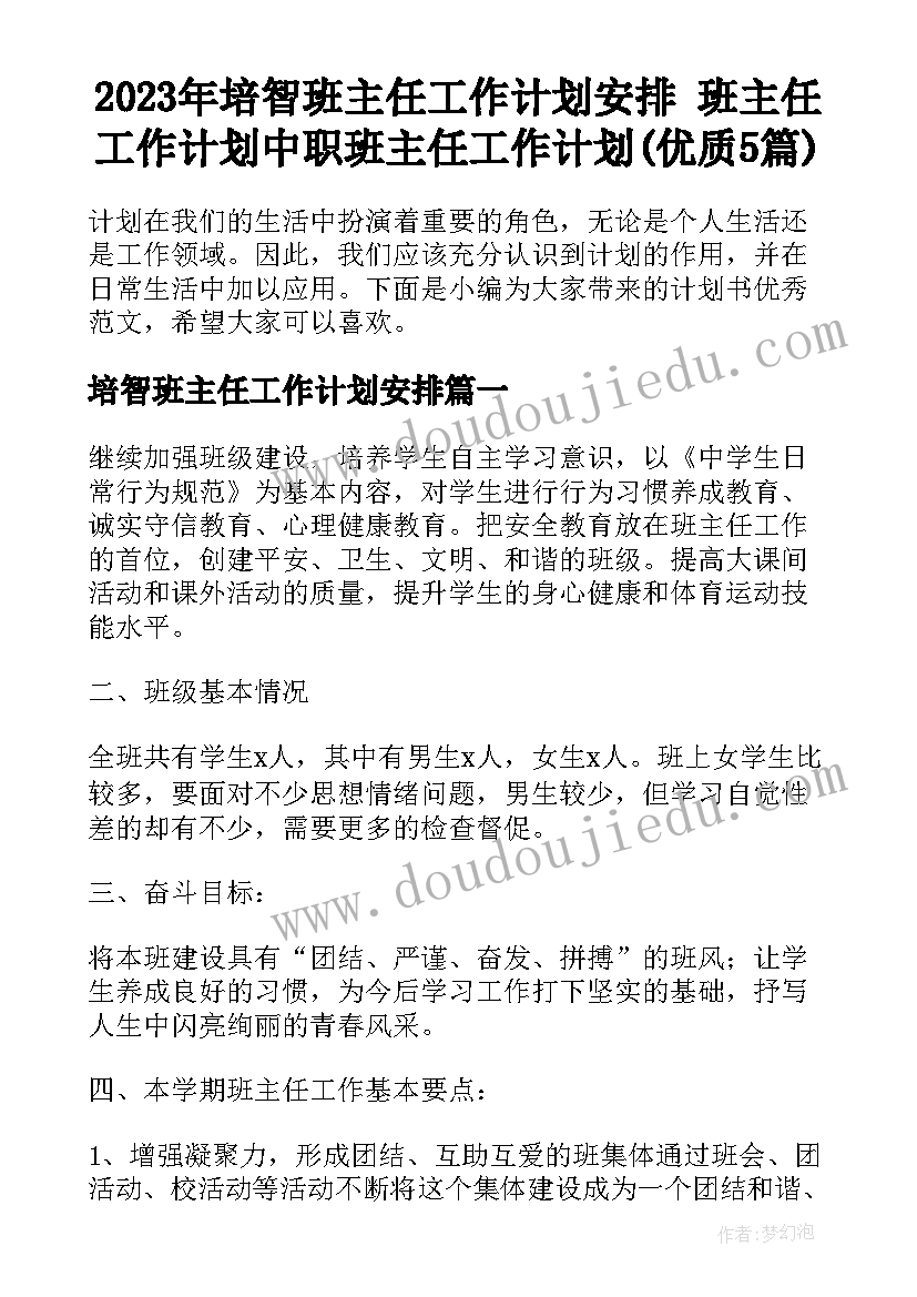 2023年培智班主任工作计划安排 班主任工作计划中职班主任工作计划(优质5篇)