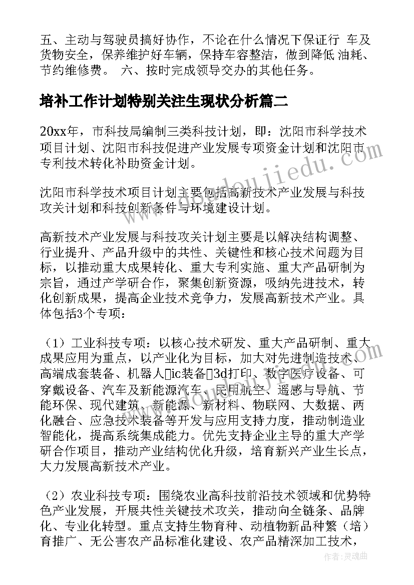 培补工作计划特别关注生现状分析(汇总7篇)