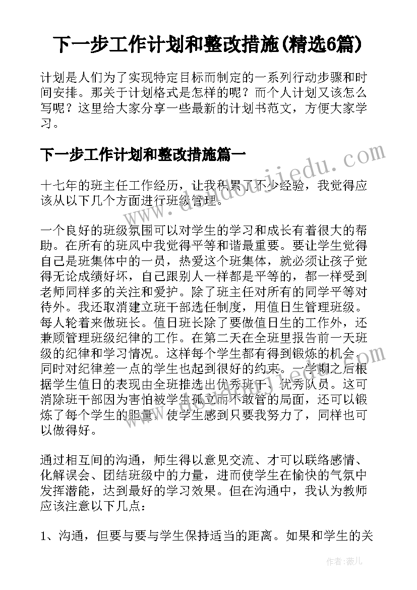 下一步工作计划和整改措施(精选6篇)