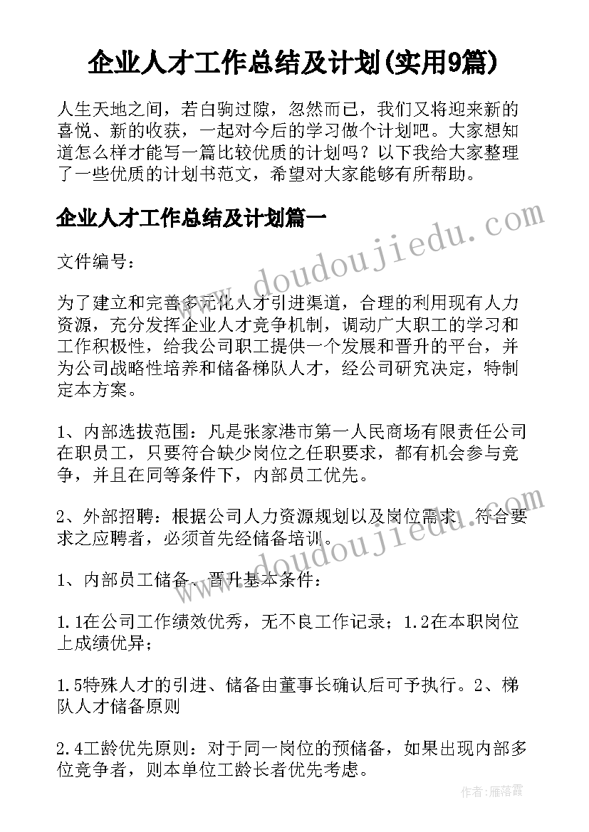 企业人才工作总结及计划(实用9篇)