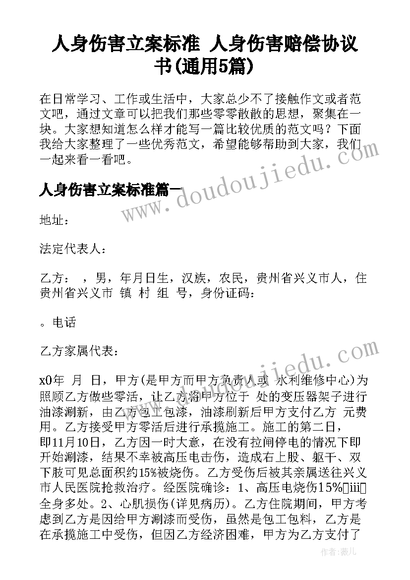 人身伤害立案标准 人身伤害赔偿协议书(通用5篇)