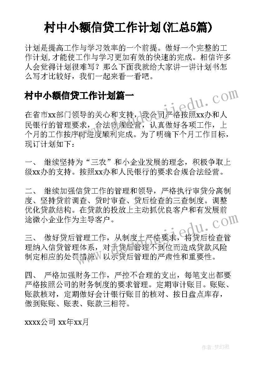 村中小额信贷工作计划(汇总5篇)