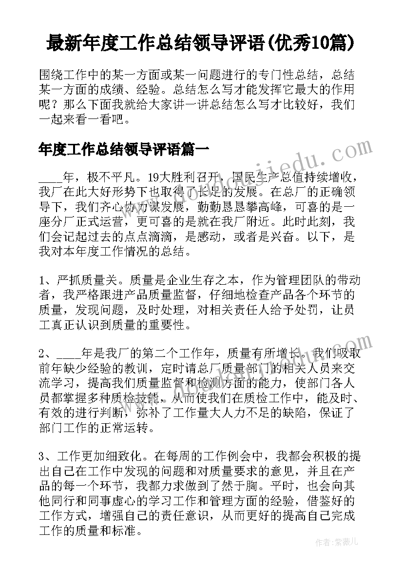 最新年度工作总结领导评语(优秀10篇)