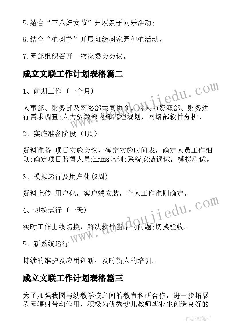 成立文联工作计划表格(通用8篇)