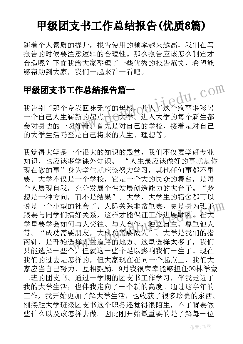 甲级团支书工作总结报告(优质8篇)