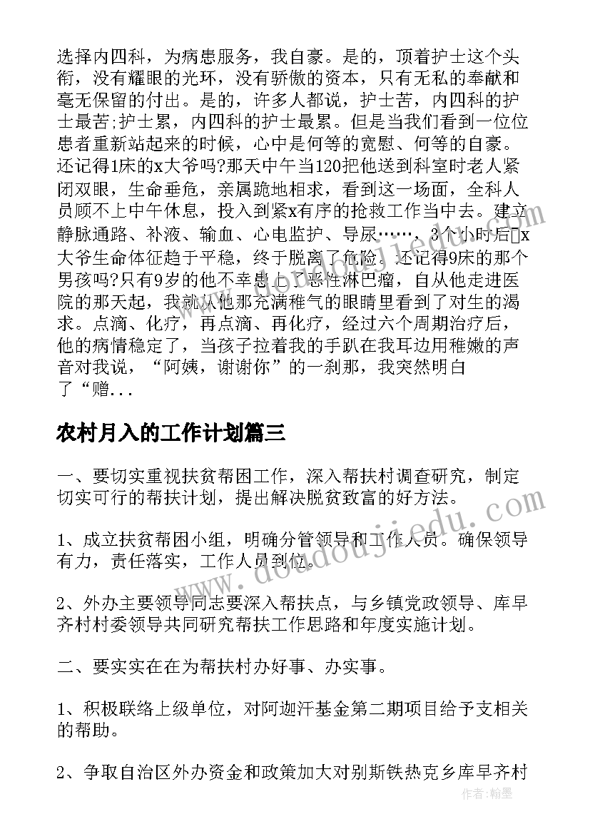 农村月入的工作计划(汇总5篇)