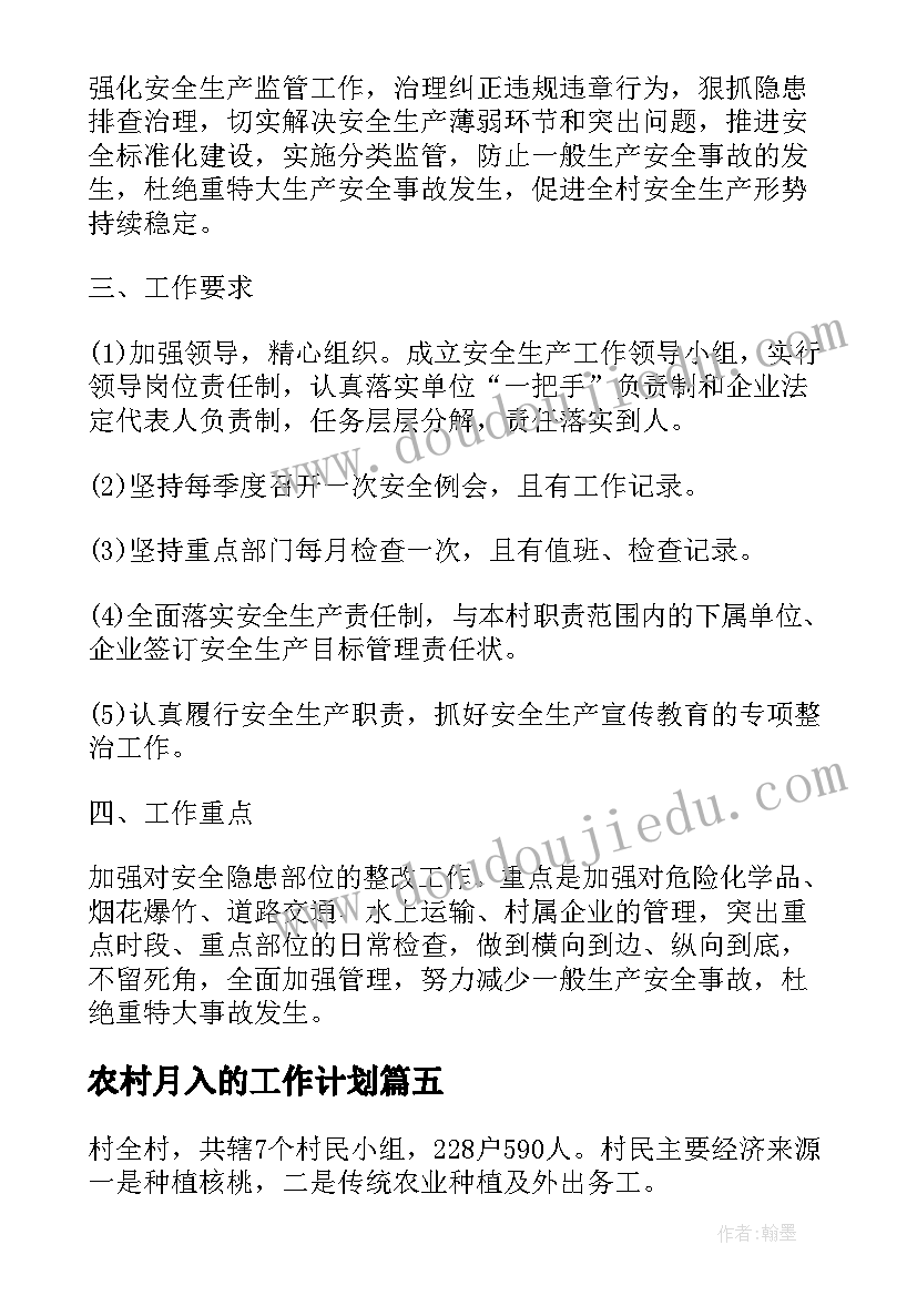 农村月入的工作计划(汇总5篇)