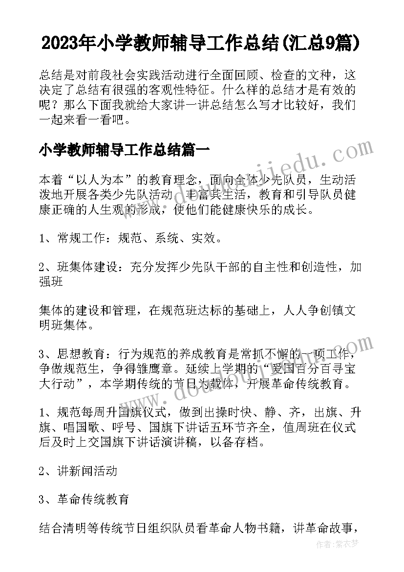 2023年小学教师辅导工作总结(汇总9篇)