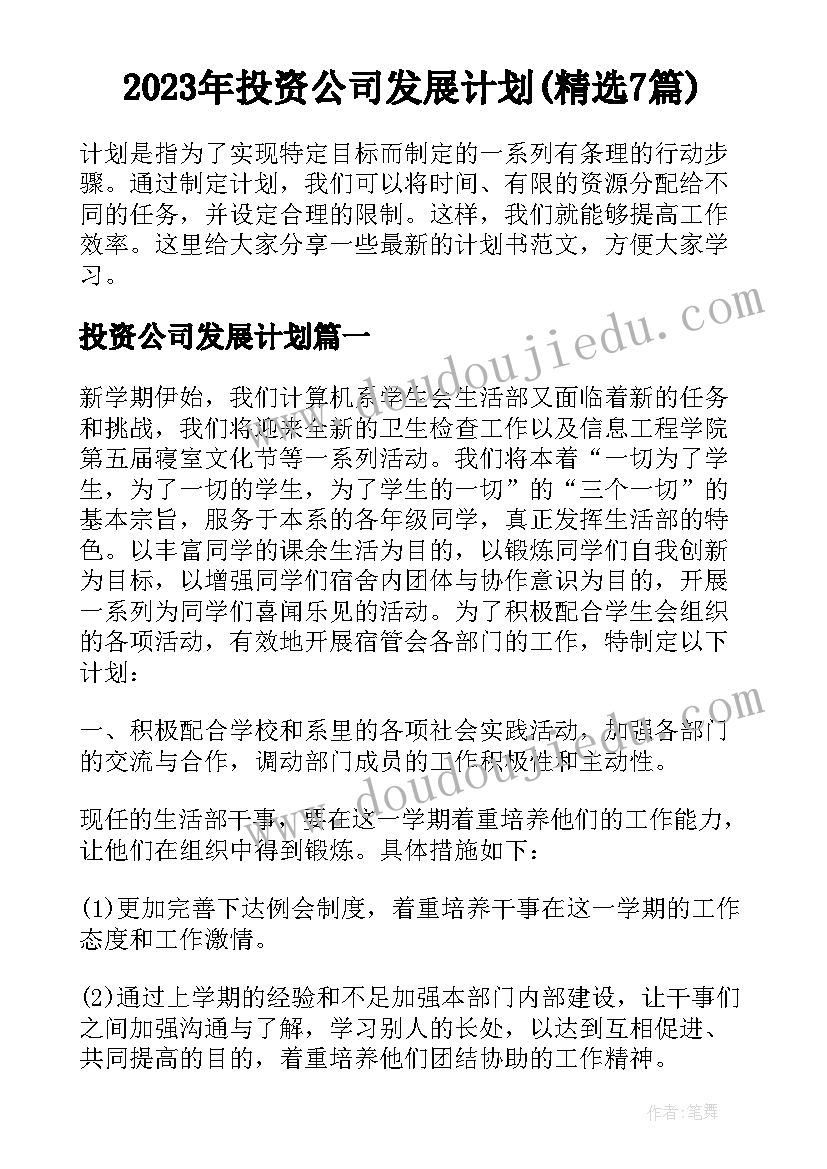 2023年投资公司发展计划(精选7篇)