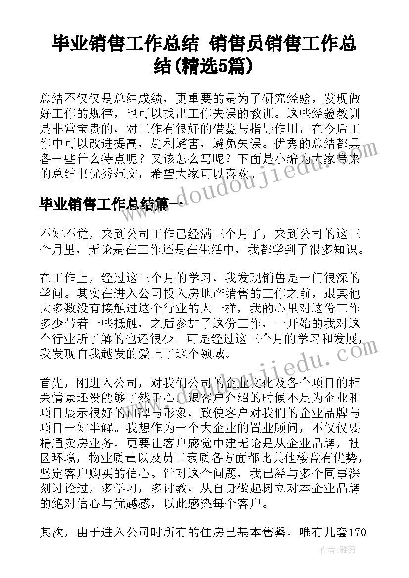 毕业销售工作总结 销售员销售工作总结(精选5篇)