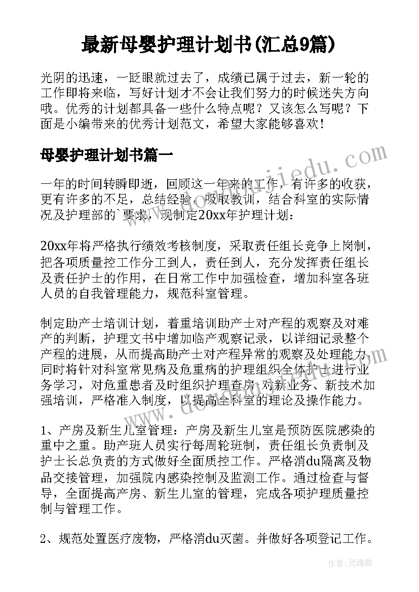 最新母婴护理计划书(汇总9篇)