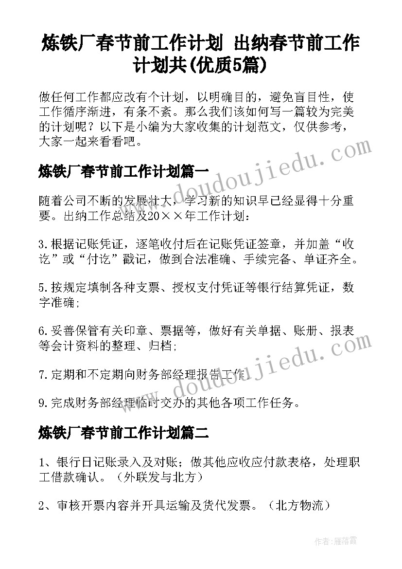 炼铁厂春节前工作计划 出纳春节前工作计划共(优质5篇)