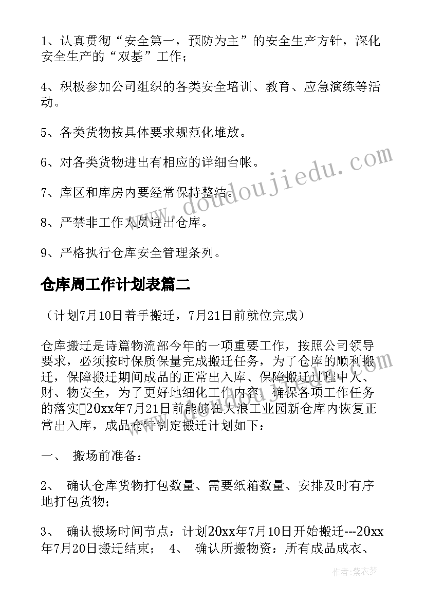 最新仓库周工作计划表 仓库工作计划(模板6篇)