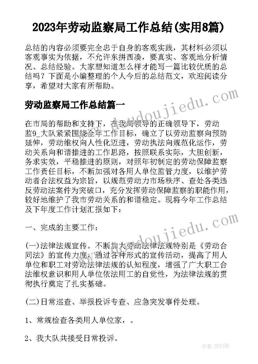 2023年劳动监察局工作总结(实用8篇)