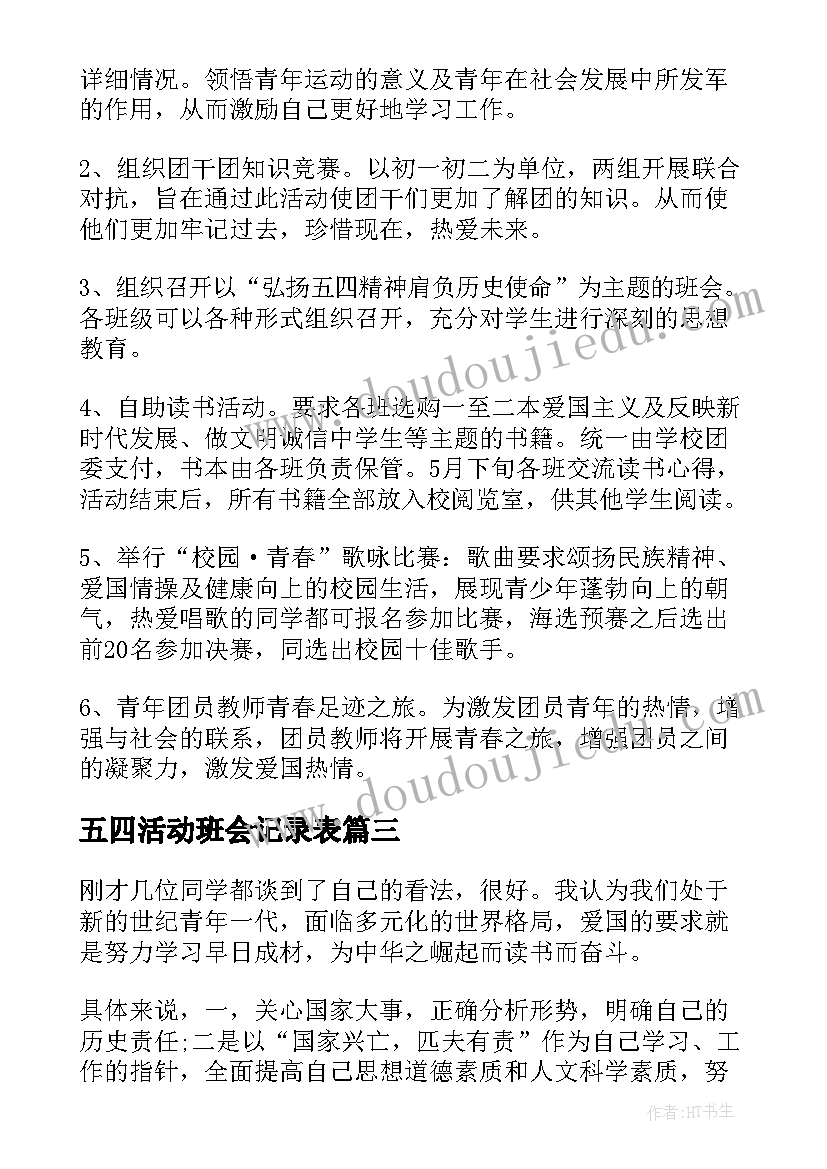 2023年五四活动班会记录表 五四青年节爱国班会活动总结(实用6篇)