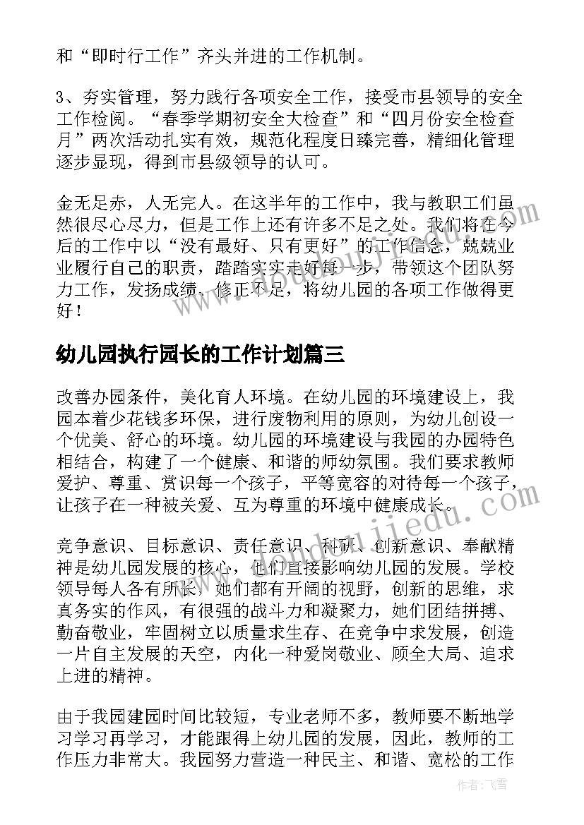 幼儿园执行园长的工作计划(模板5篇)