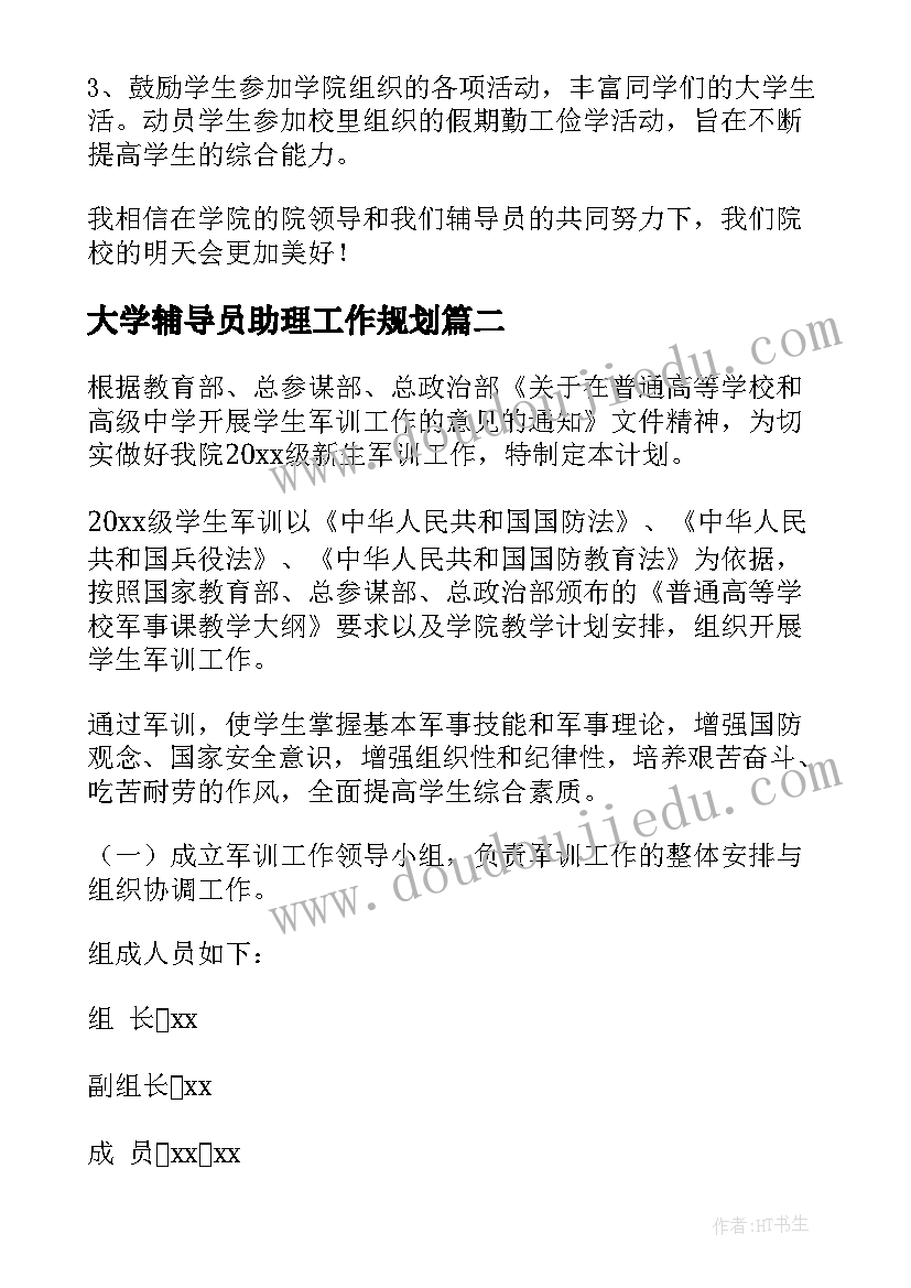 2023年大学辅导员助理工作规划(实用9篇)