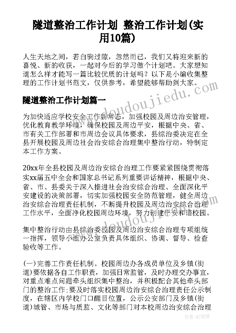 隧道整治工作计划 整治工作计划(实用10篇)