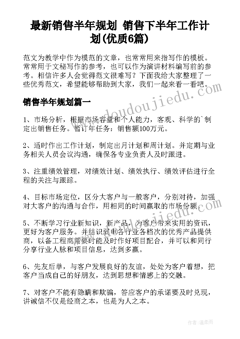 最新销售半年规划 销售下半年工作计划(优质6篇)