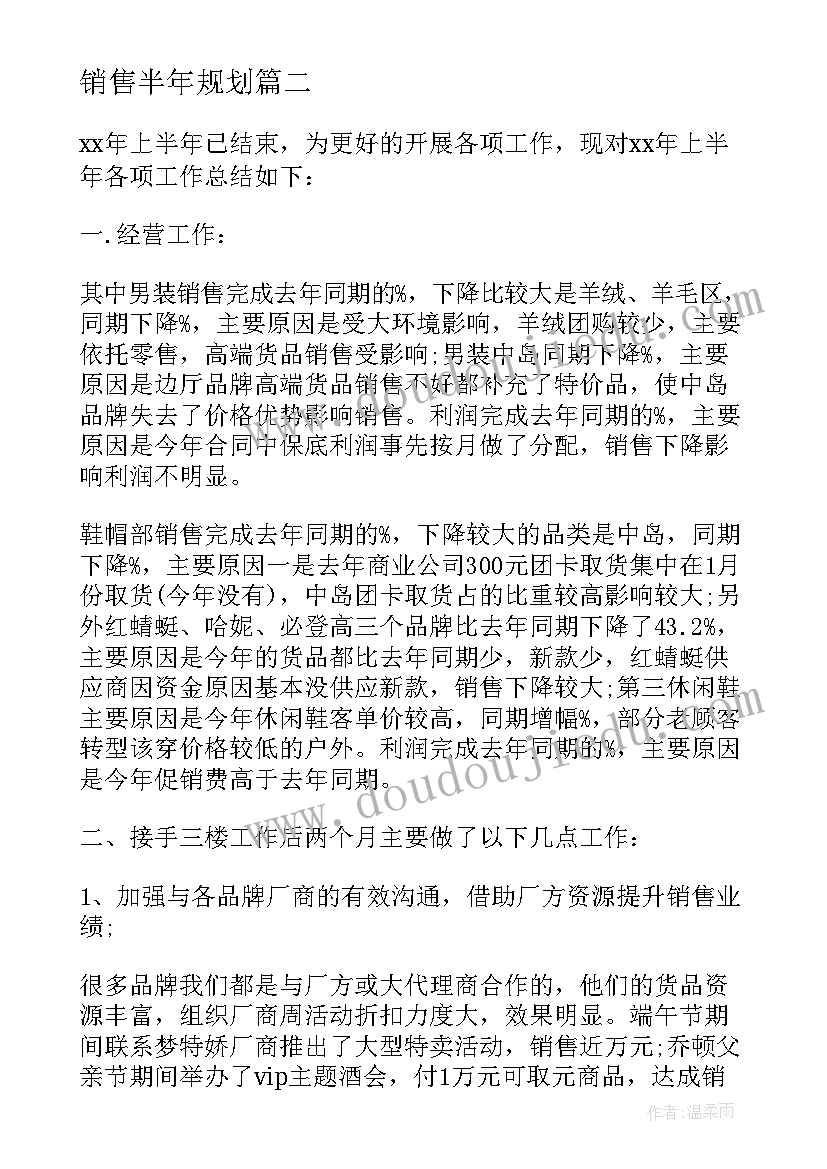 最新销售半年规划 销售下半年工作计划(优质6篇)