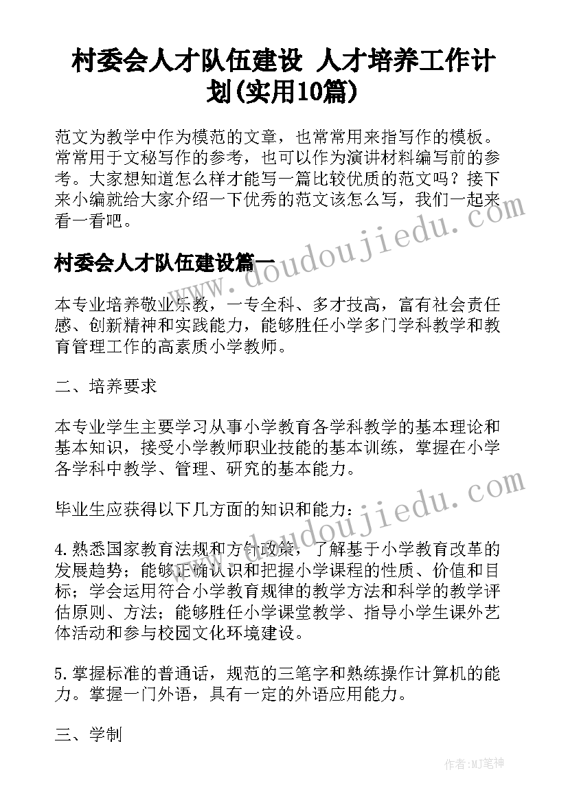 村委会人才队伍建设 人才培养工作计划(实用10篇)