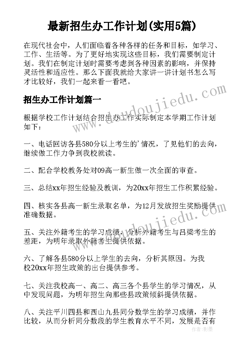 最新招生办工作计划(实用5篇)