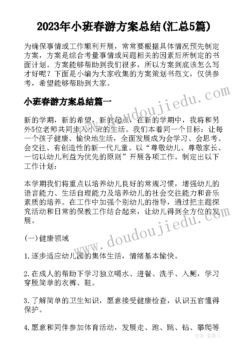 2023年小班春游方案总结(汇总5篇)