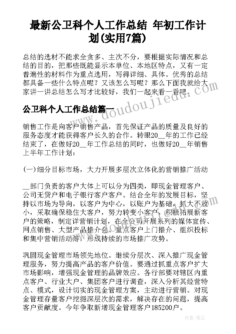 最新公卫科个人工作总结 年初工作计划(实用7篇)