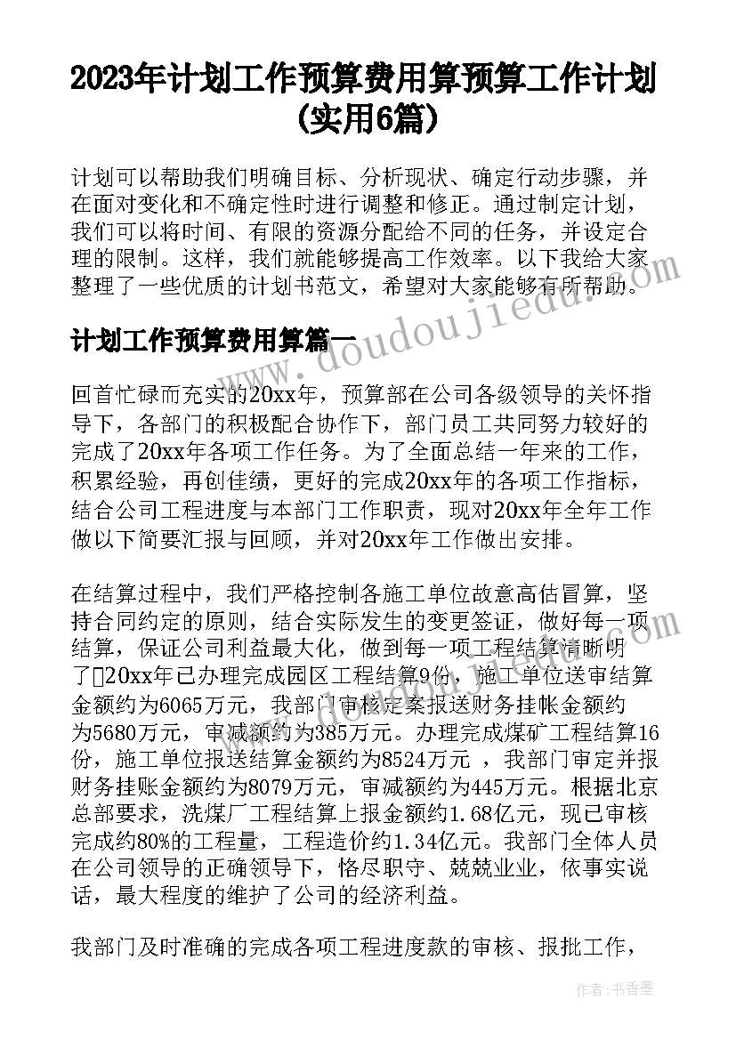 2023年计划工作预算费用算 预算工作计划(实用6篇)