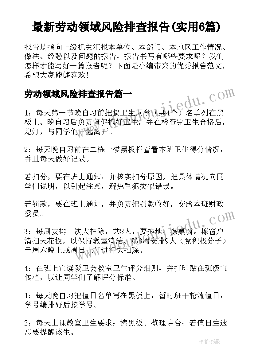 最新劳动领域风险排查报告(实用6篇)