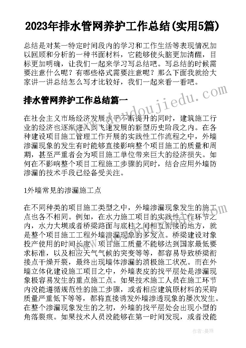 2023年排水管网养护工作总结(实用5篇)