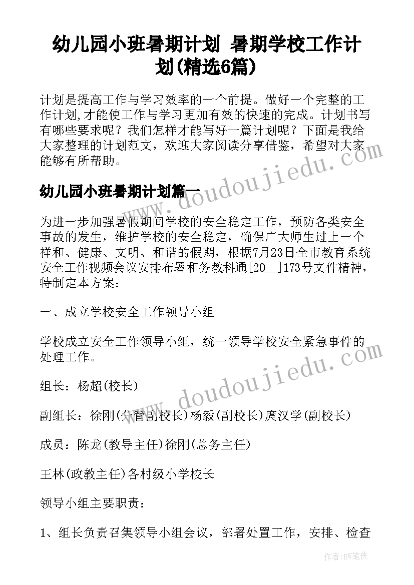 幼儿园小班暑期计划 暑期学校工作计划(精选6篇)