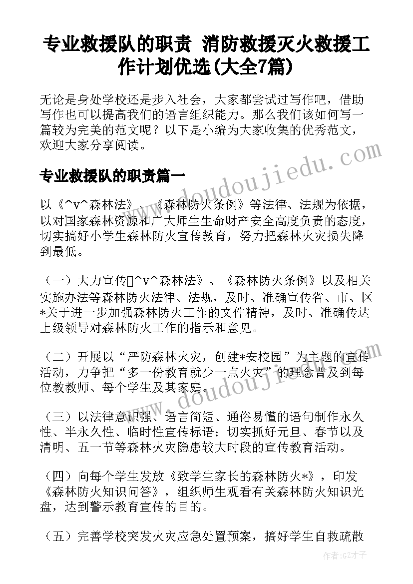 专业救援队的职责 消防救援灭火救援工作计划优选(大全7篇)