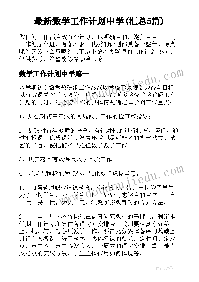 最新数学工作计划中学(汇总5篇)