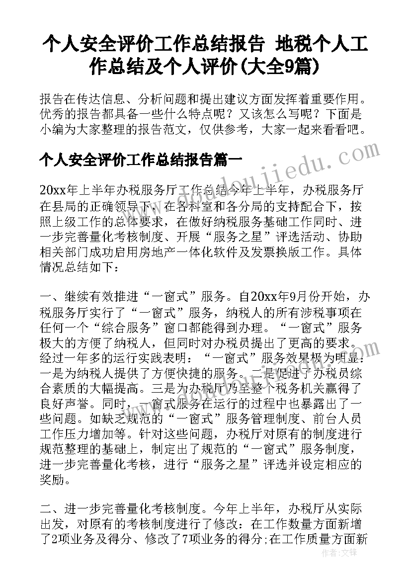 个人安全评价工作总结报告 地税个人工作总结及个人评价(大全9篇)