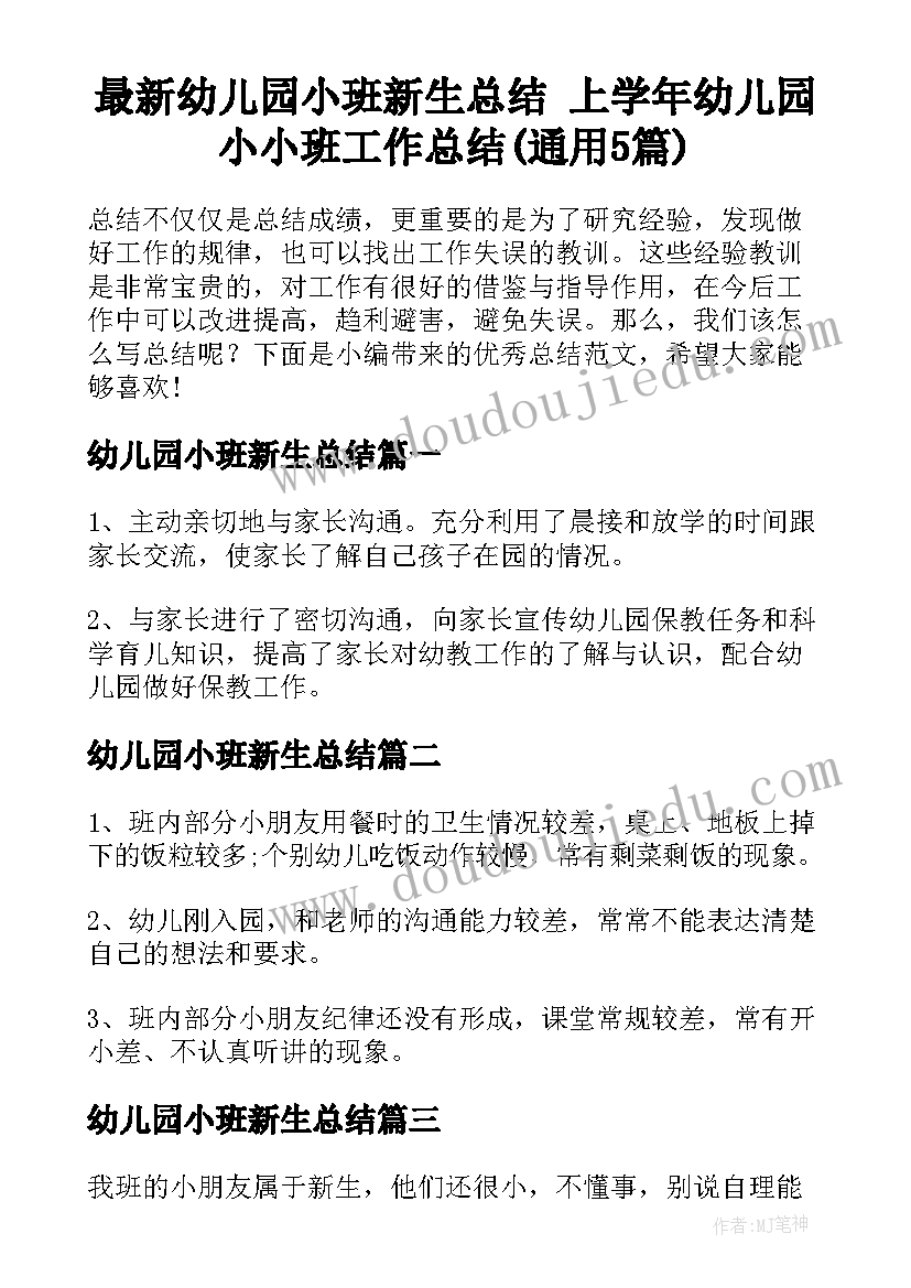 最新幼儿园小班新生总结 上学年幼儿园小小班工作总结(通用5篇)