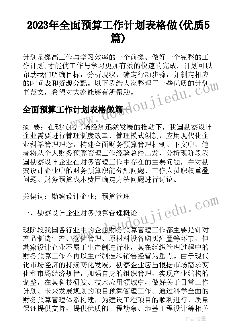 2023年全面预算工作计划表格做(优质5篇)