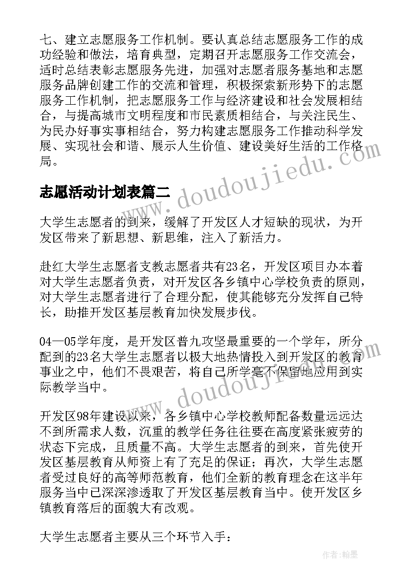 最新志愿活动计划表 志愿者工作计划(大全8篇)