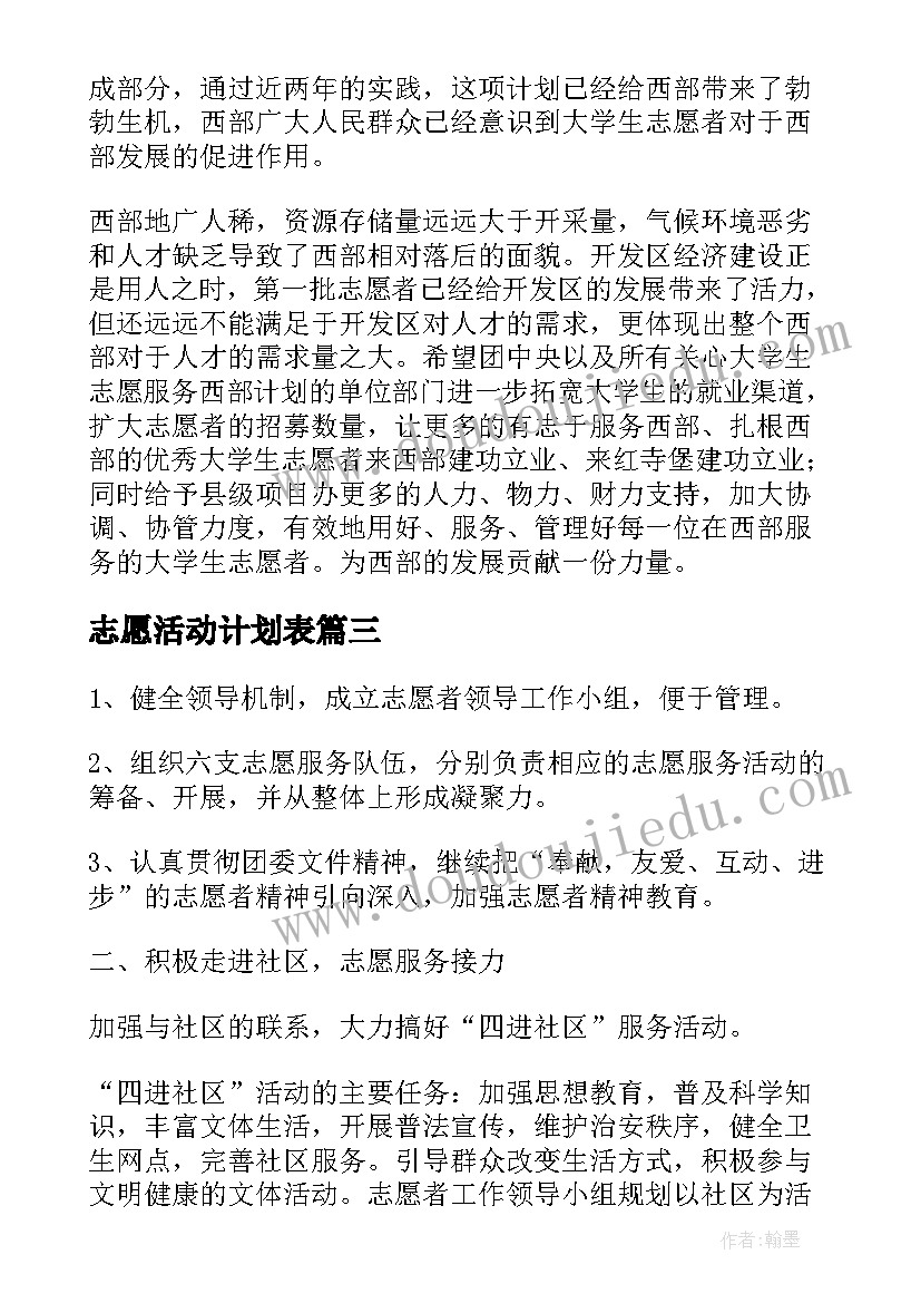 最新志愿活动计划表 志愿者工作计划(大全8篇)