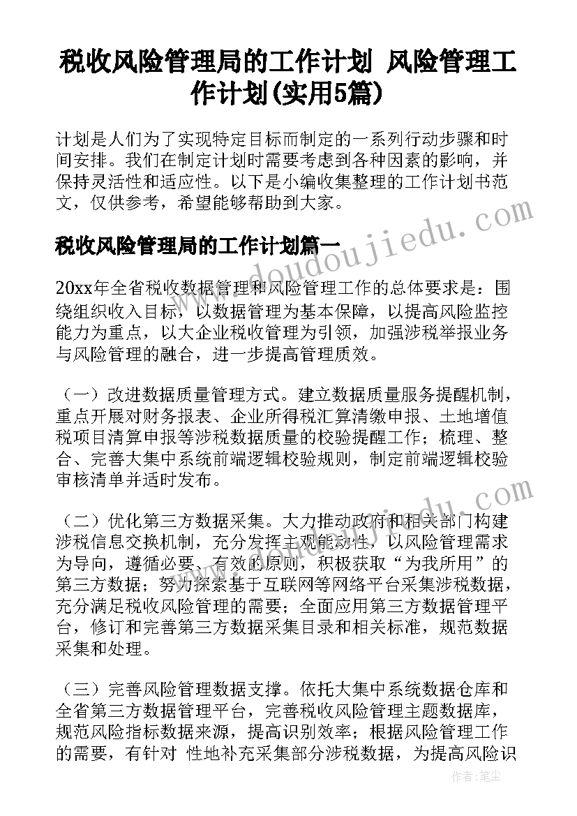 税收风险管理局的工作计划 风险管理工作计划(实用5篇)