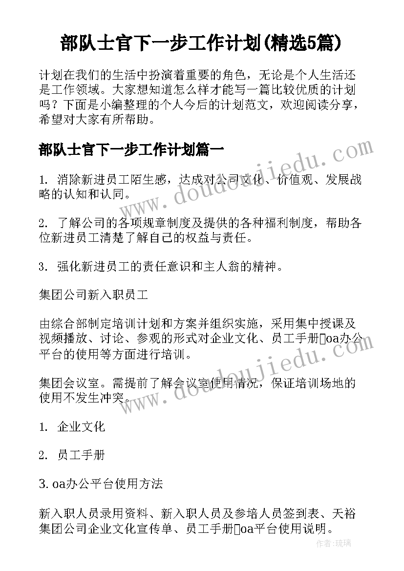 部队士官下一步工作计划(精选5篇)