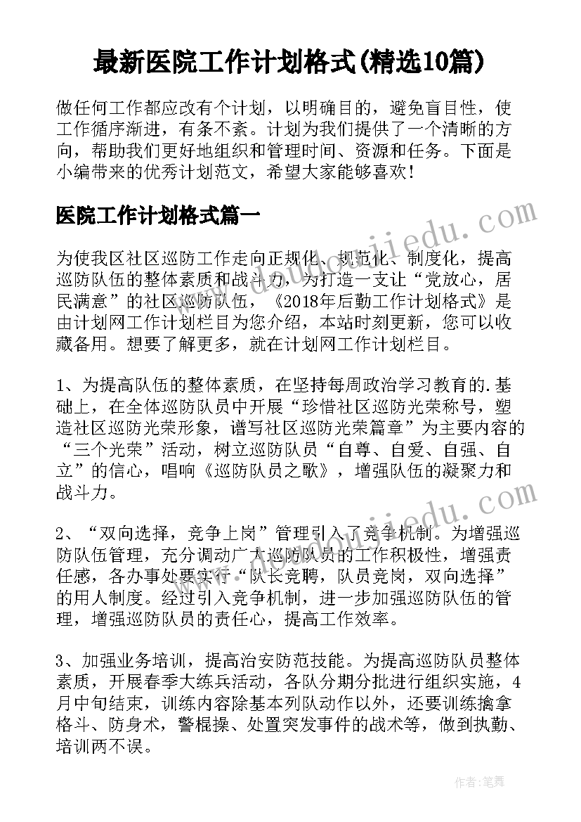 最新医院工作计划格式(精选10篇)