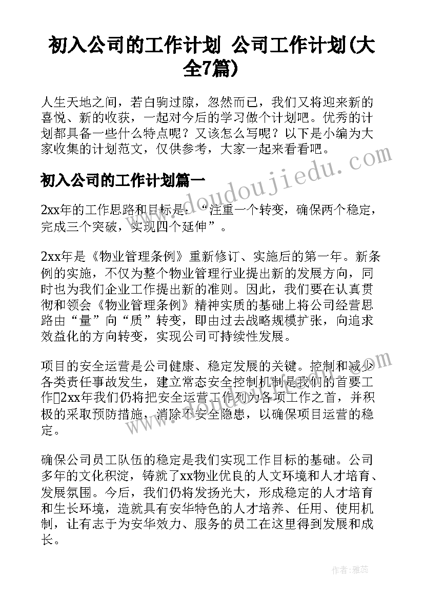 初入公司的工作计划 公司工作计划(大全7篇)