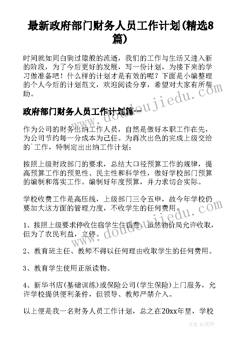 最新政府部门财务人员工作计划(精选8篇)