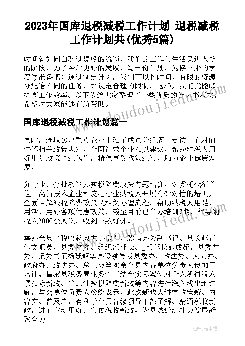 2023年国库退税减税工作计划 退税减税工作计划共(优秀5篇)