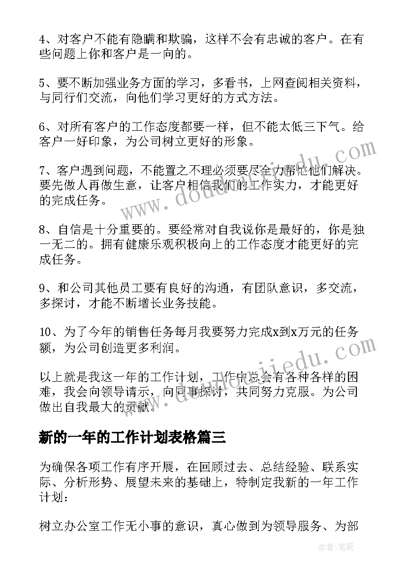 最新新的一年的工作计划表格(优秀7篇)